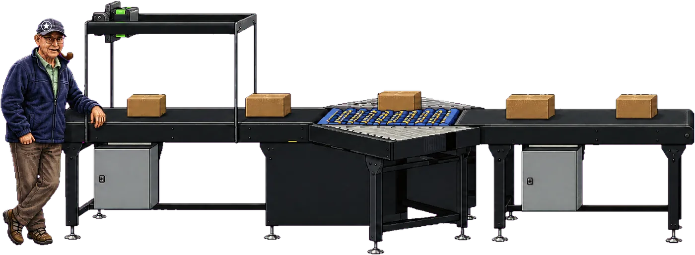 Barry, Orion's Helix and sorter designer, stood at a Helix sortation line