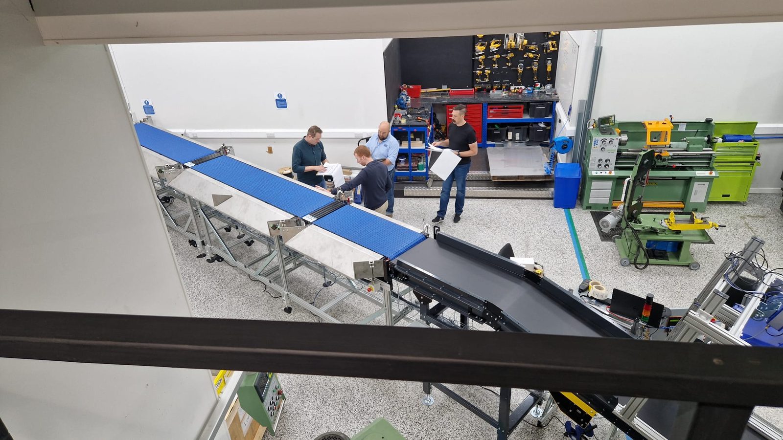 An Post belt-and-ball sorter under build and test at Orion's facility — 32 destinations in a tight footprint