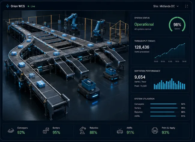 Orion WCS live operations dashboard — routing, throughput and system health